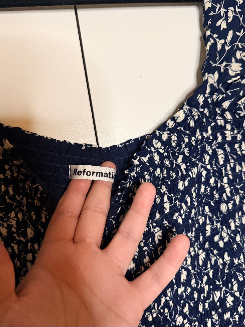 Reformation Navy and White Floral Smocked Midi Dress - Picture 5 of 7